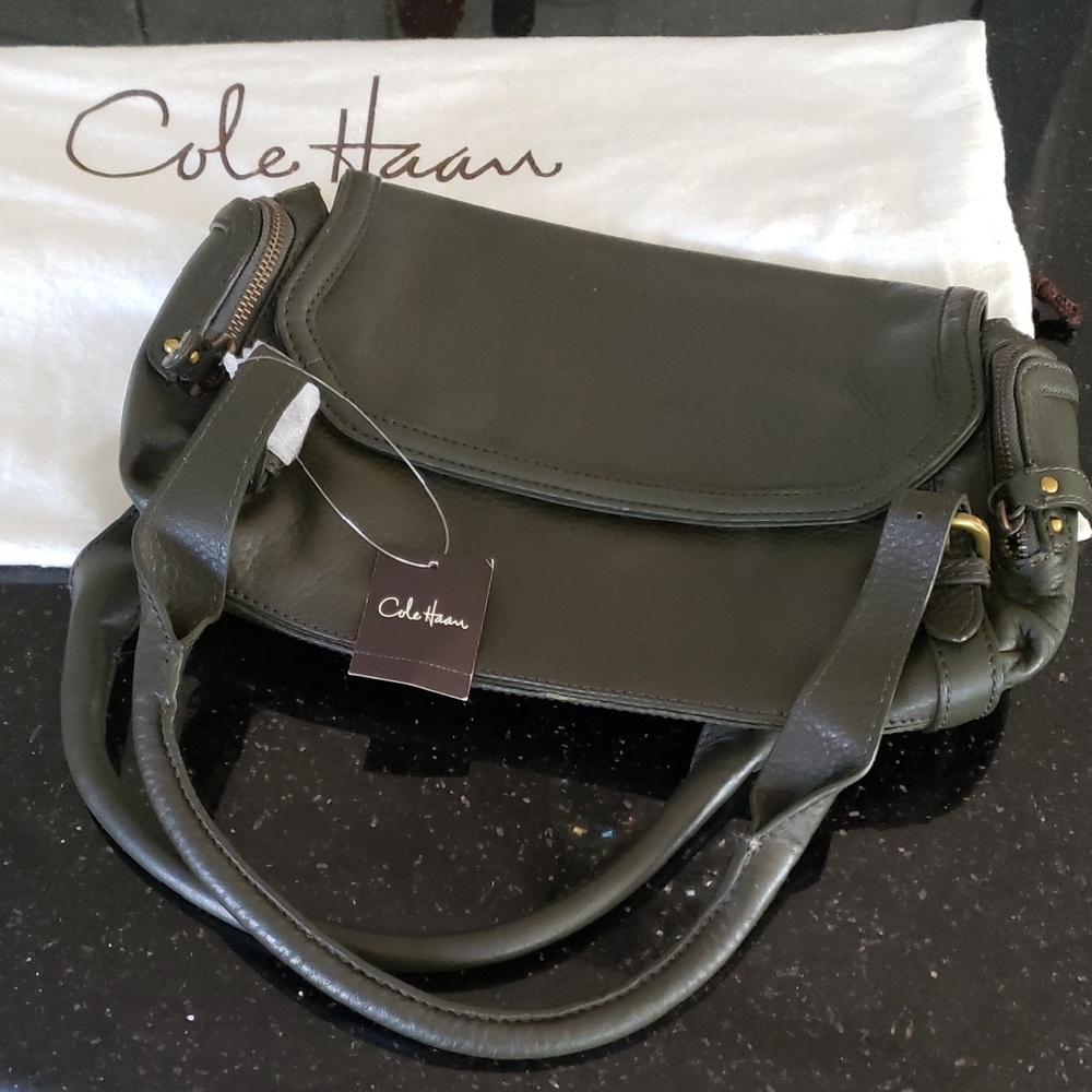 Cole Haan Dark Green Leather Shoulder Bag with Structured Design